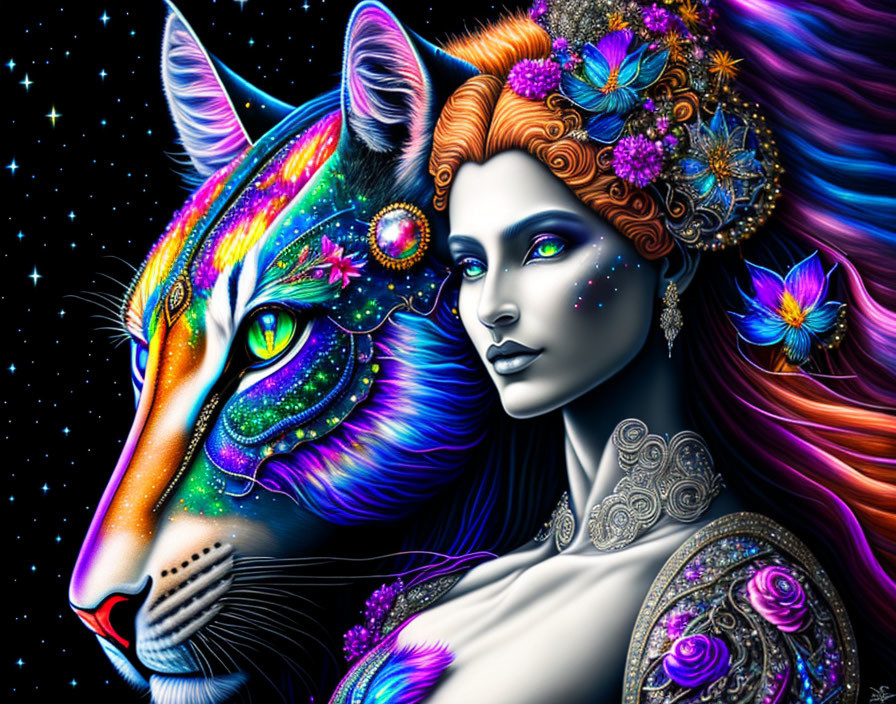 Digital Artwork: Woman's Face Merged with Cosmic Tiger