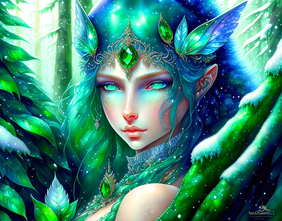 Fantasy illustration: Woman with blue skin in emerald forest