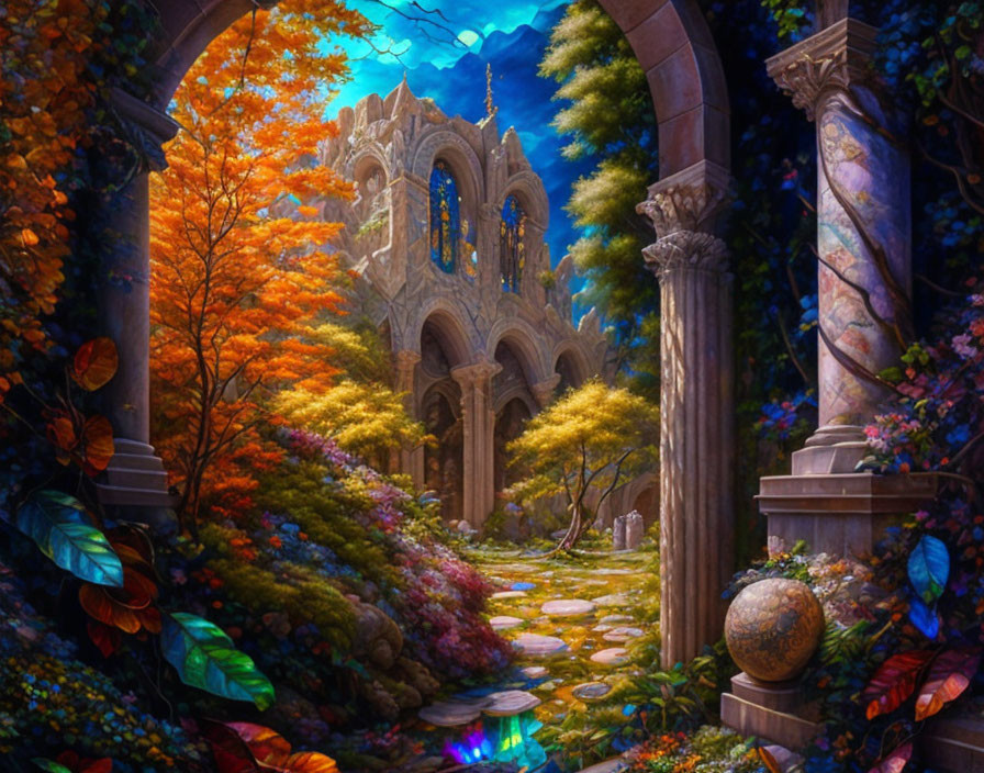 Vibrant fantasy garden with stone pathway to overgrown ruin under twilight sky