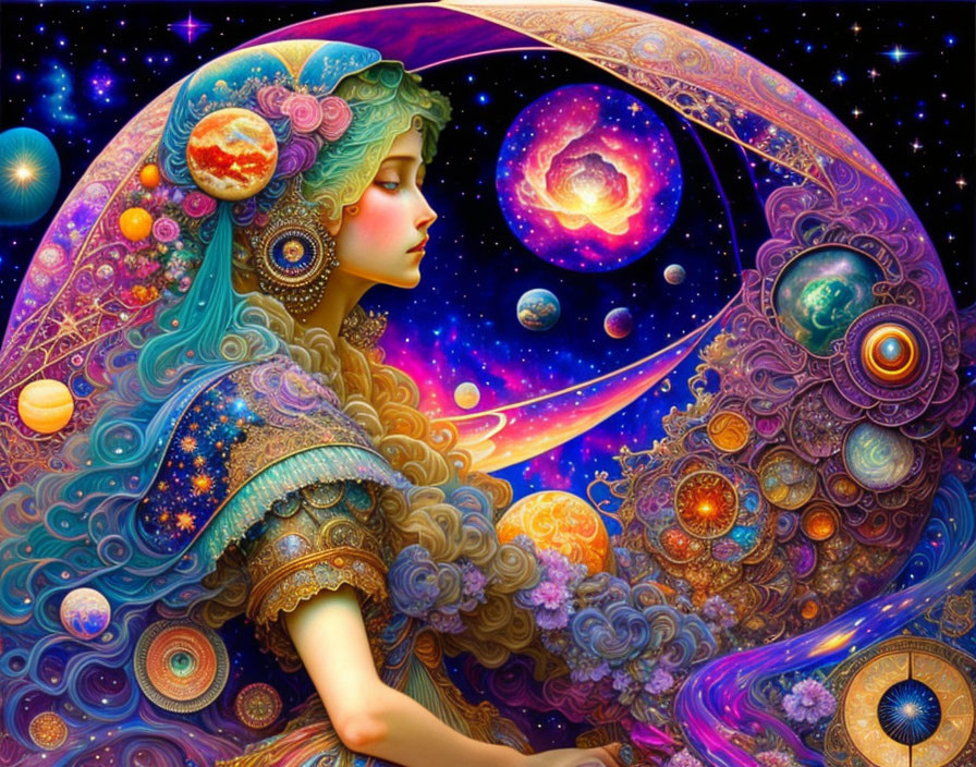 Colorful portrait of woman with celestial hair in cosmic setting