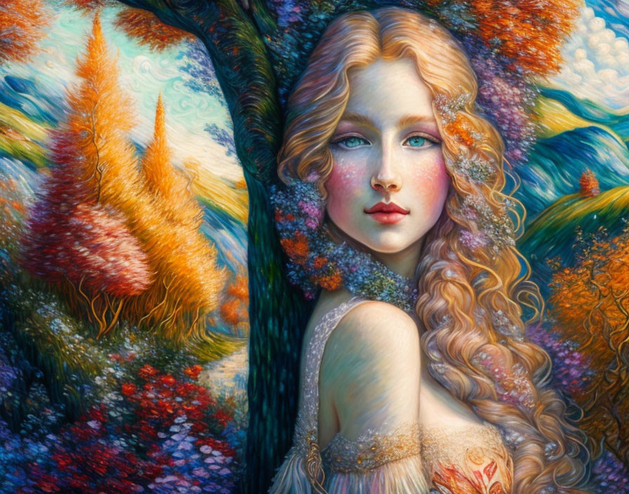 Ethereal woman with golden hair in vibrant forest scene