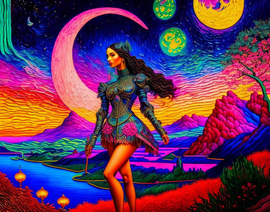 Warrior woman in psychedelic armor against cosmic backdrop