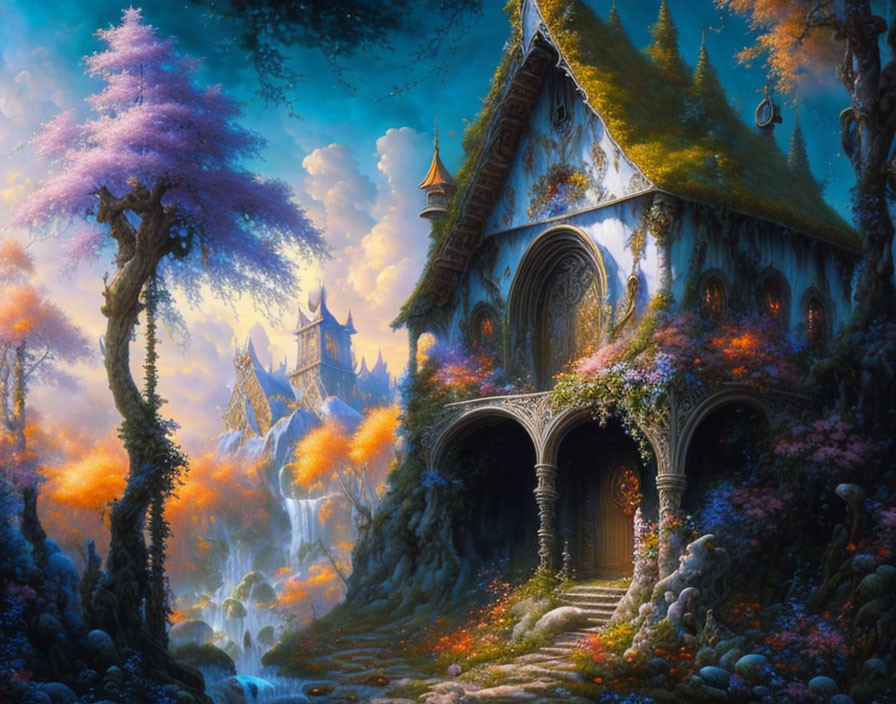 Fantasy landscape with mystical house, vibrant trees, small waterfall under glowing sky