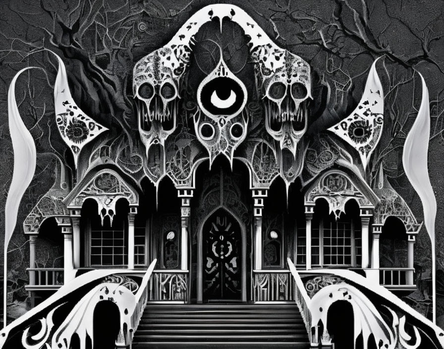 Monochromatic gothic house with skull motifs and cyclopean eye, bone-like structures, eerie