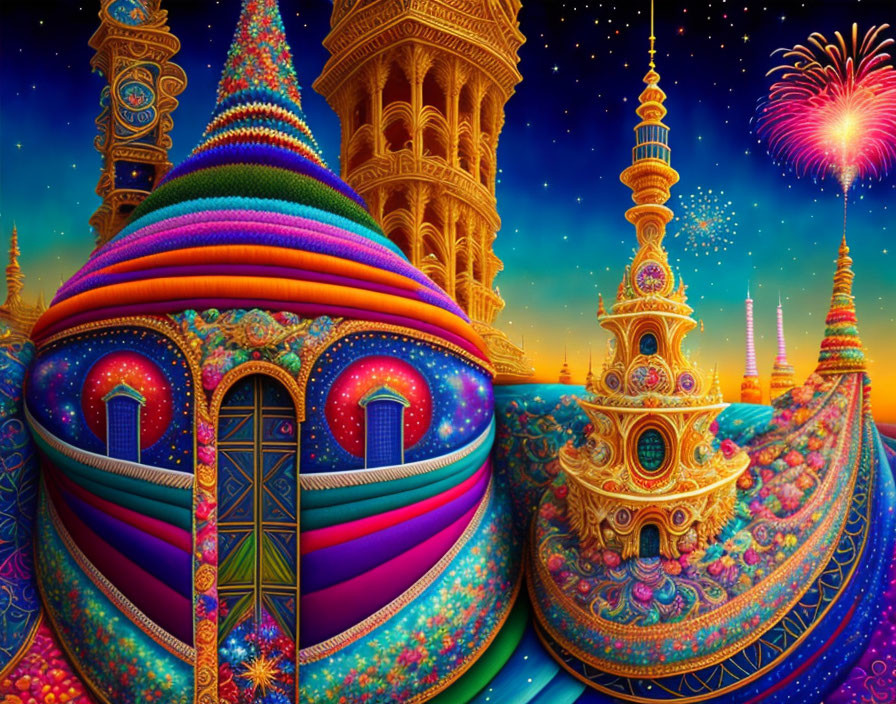 Colorful Fantasy Landscape with Ornate Towers and Fireworks