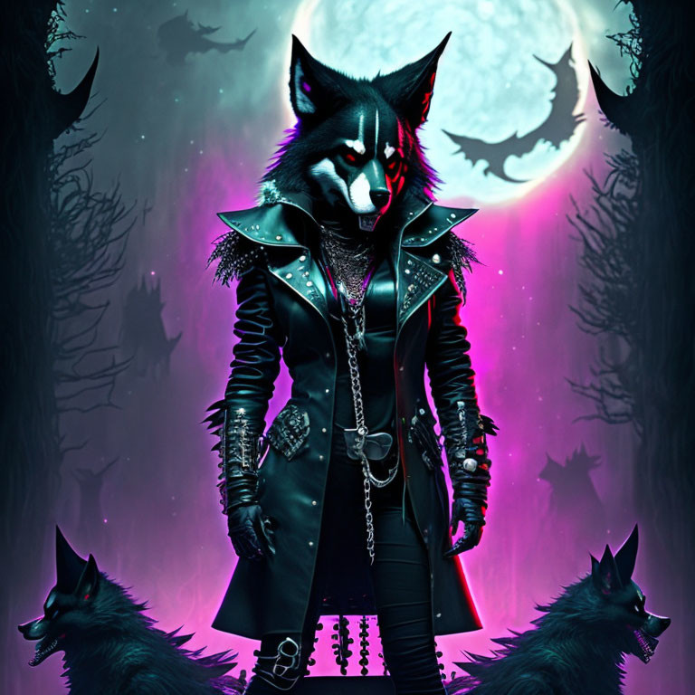 Stylized anthro-wolf in leather jacket with wolves under full moon