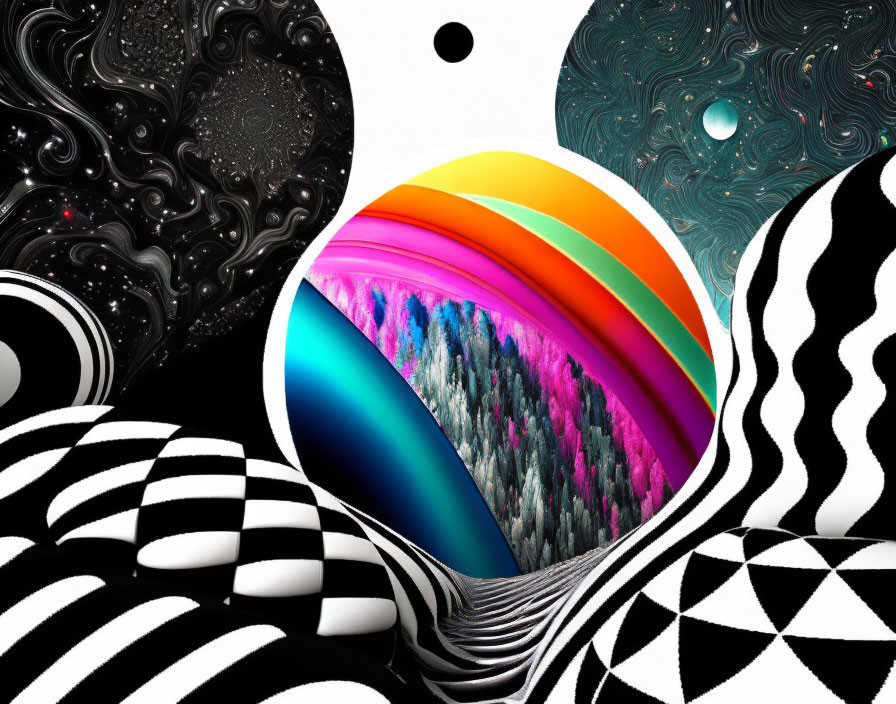 Colorful Abstract Digital Artwork with Swirling Shapes and Contrasting Textures