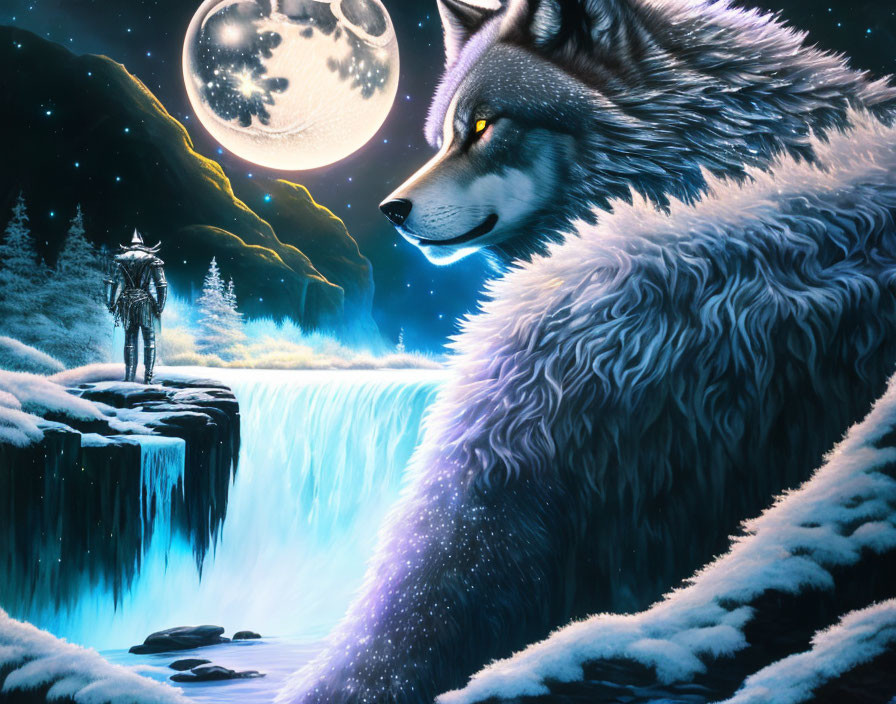 Majestic wolf, knight, waterfall, full moon, auroras in snowy landscape