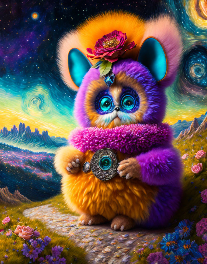 Colorful creature with blue eyes and cosmic backdrop.