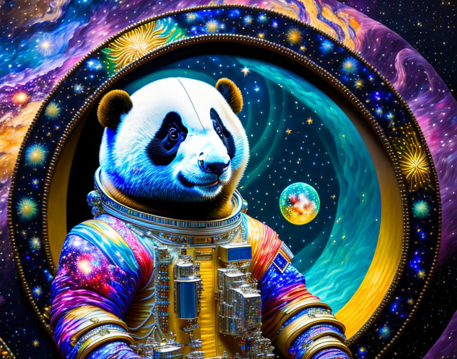 Colorful Panda Astronaut in Cosmic Setting