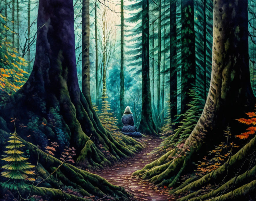 Person sitting on moss-covered forest path at twilight