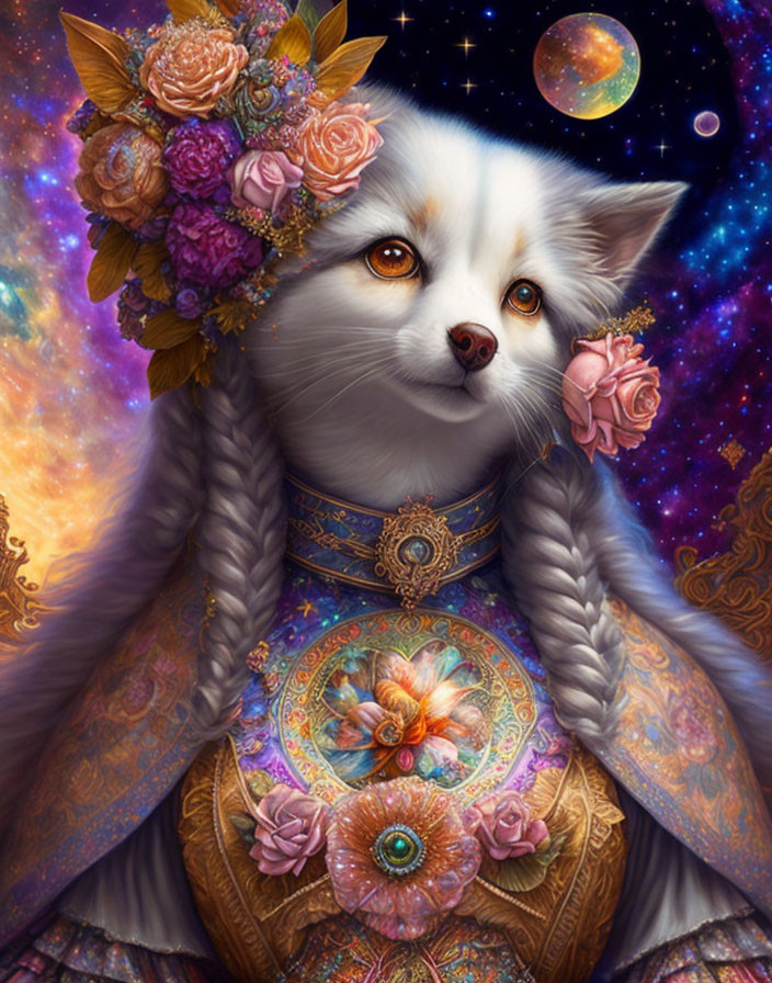 Fantastical cat with braided hair and floral attire in cosmic setting