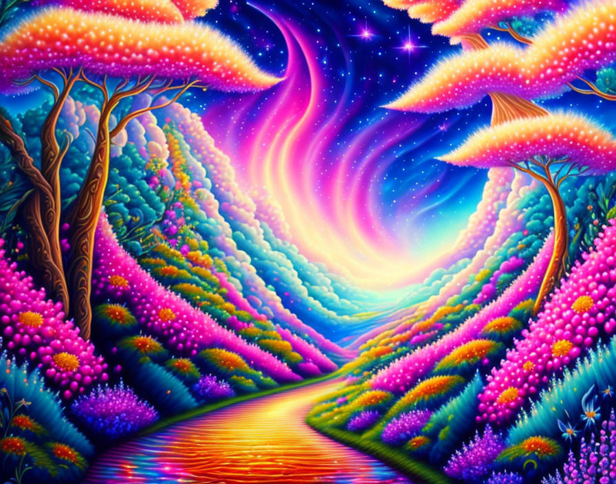 Colorful Psychedelic Landscape with Bright Starry Sky and Whimsical Trees