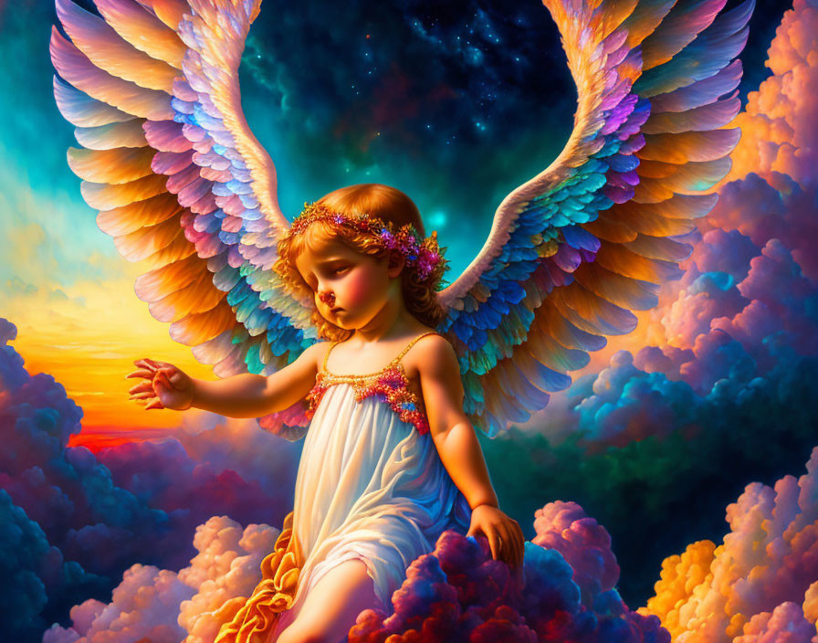 Child with angel wings and floral crown in cosmic sky.