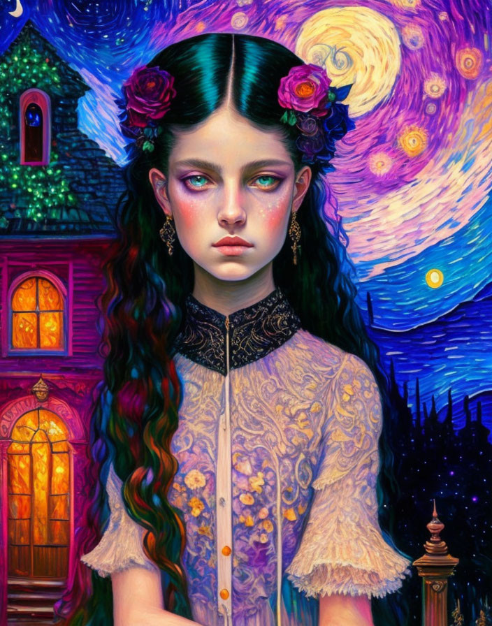 Young girl with green eyes and black hair in floral dress against night sky and Victorian house.