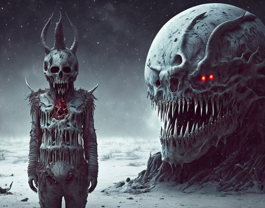 Menacing figure with skull mask and horns beside giant skull in snowy landscape