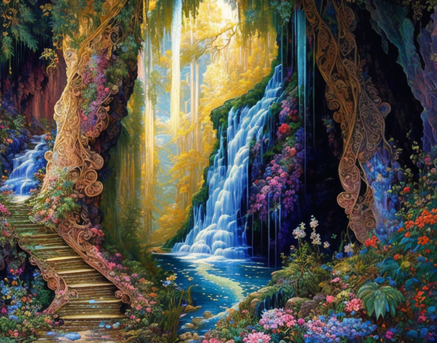 Majestic waterfall in enchanted forest with vibrant flora