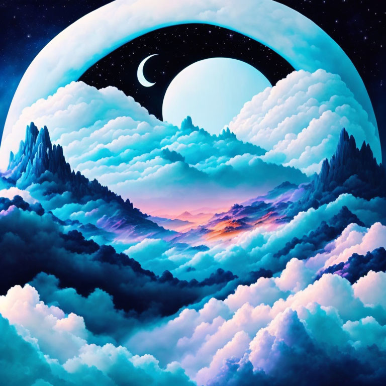 Digital Artwork: Fluffy Clouds, Mountains, Moon, and Stars