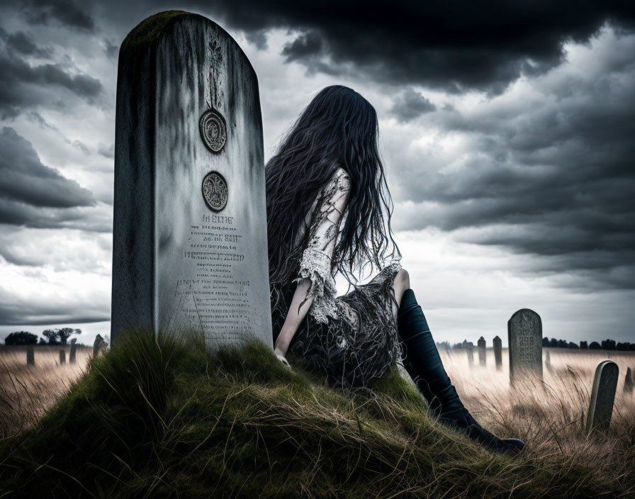 Long-haired figure beside grave in stormy cemetery