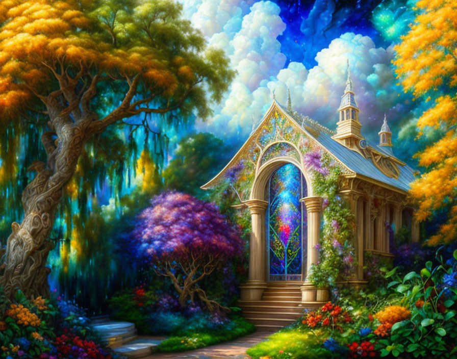 Colorful Fantasy Landscape with Whimsical Cottage & Lush Trees