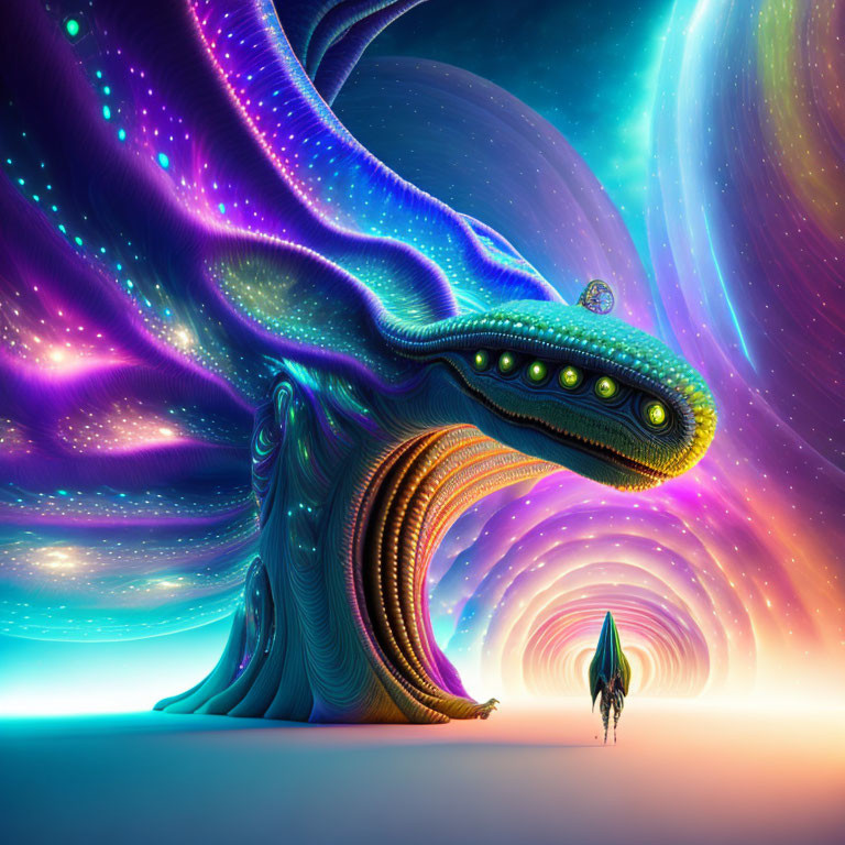 Colorful digital artwork: colossal dragon and tiny figure in cosmic scene