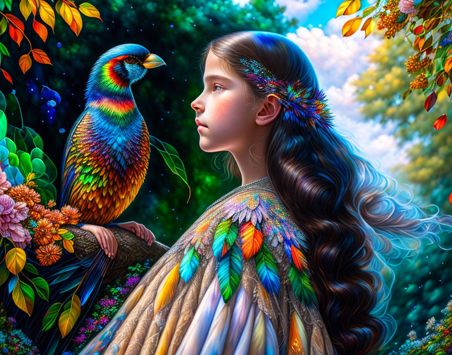 Vivid digital artwork: young girl with feathered wings and colorful bird in lush floral setting