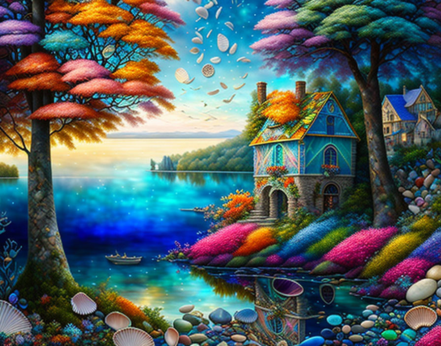 Colorful Flora and Whimsical Houses in Fantasy Landscape