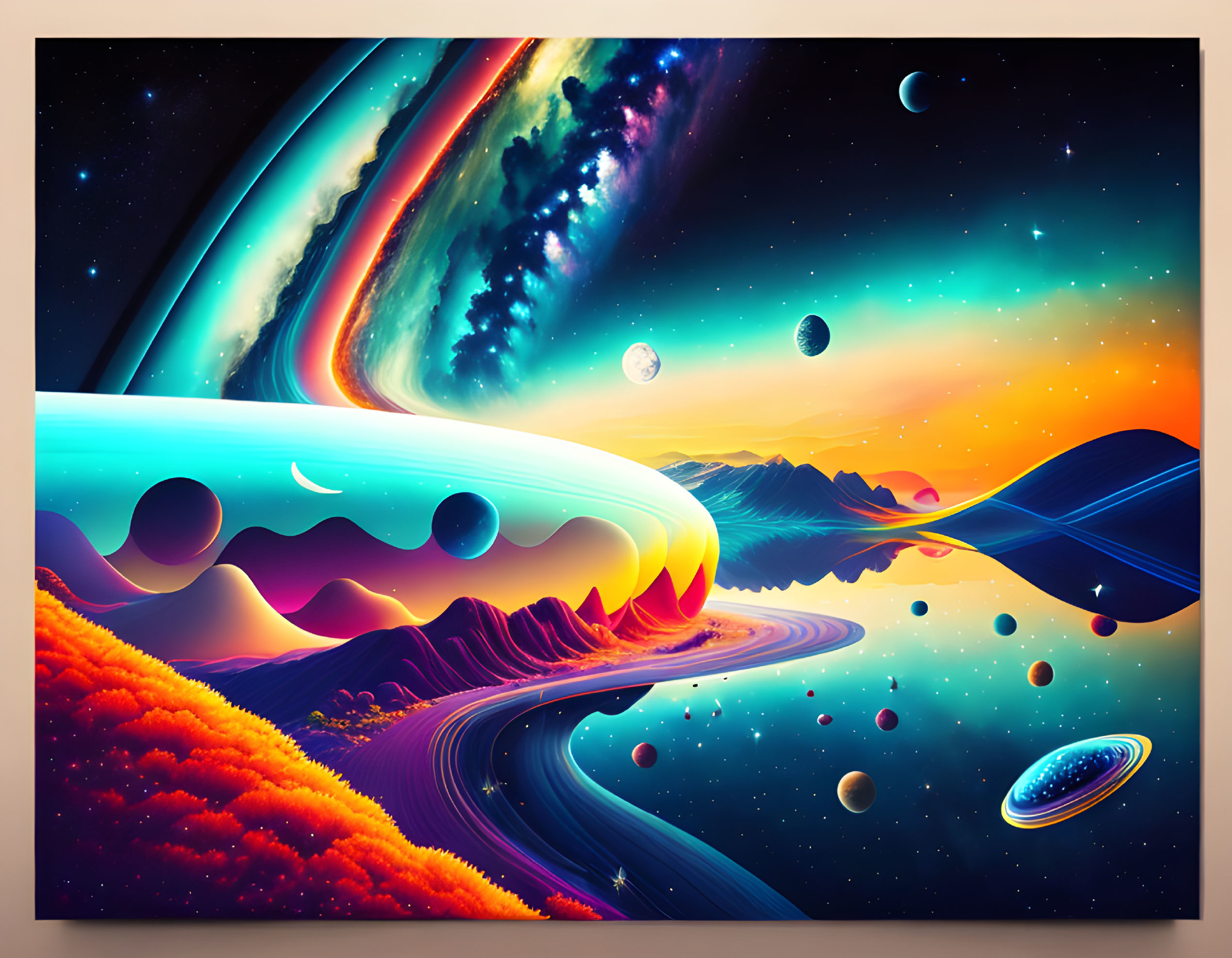 Surreal cosmic landscape with flowing terrain and vivid colors