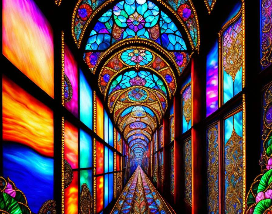 Colorful stained glass panels form intricate designs in elongated corridor