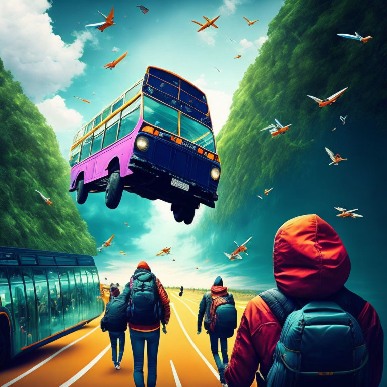 People walking towards flying buses in surreal landscape with bird flocks, vibrant sky, and high green cliffs