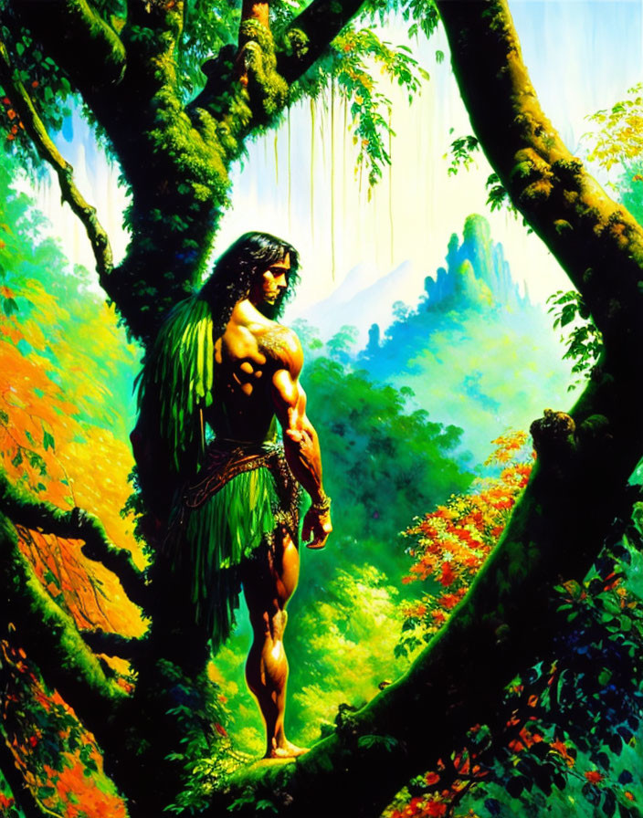 Muscular man in leafy loincloth on jungle branch with sunlight.