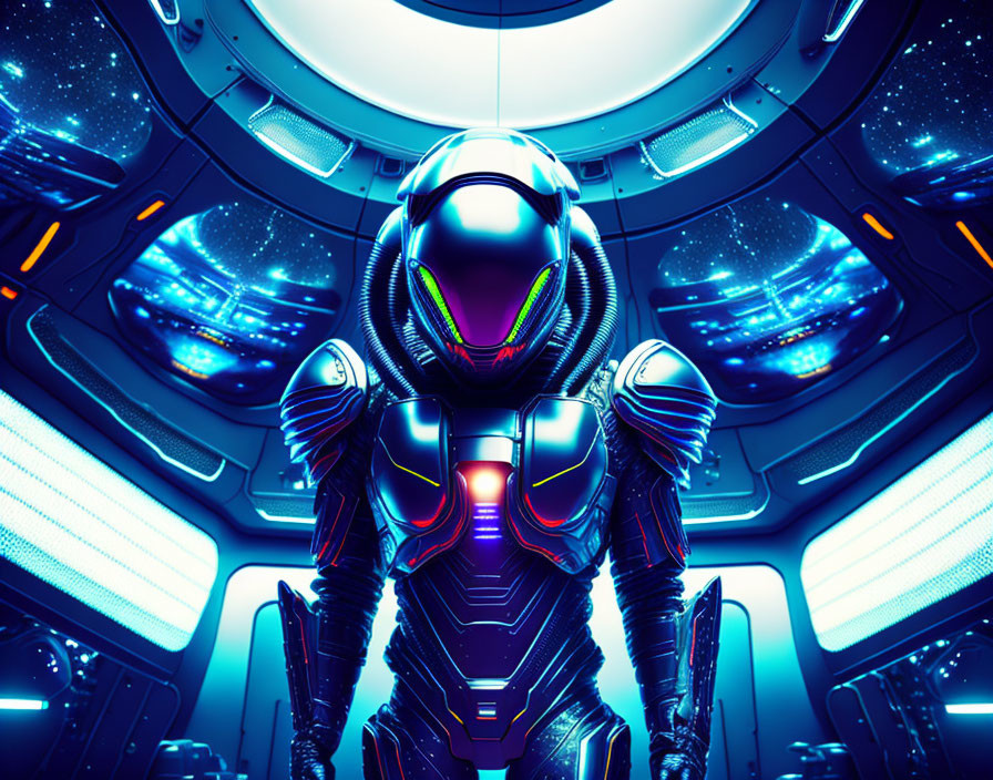 Futuristic astronaut in advanced space suit inside spaceship with neon lights and cosmos viewports