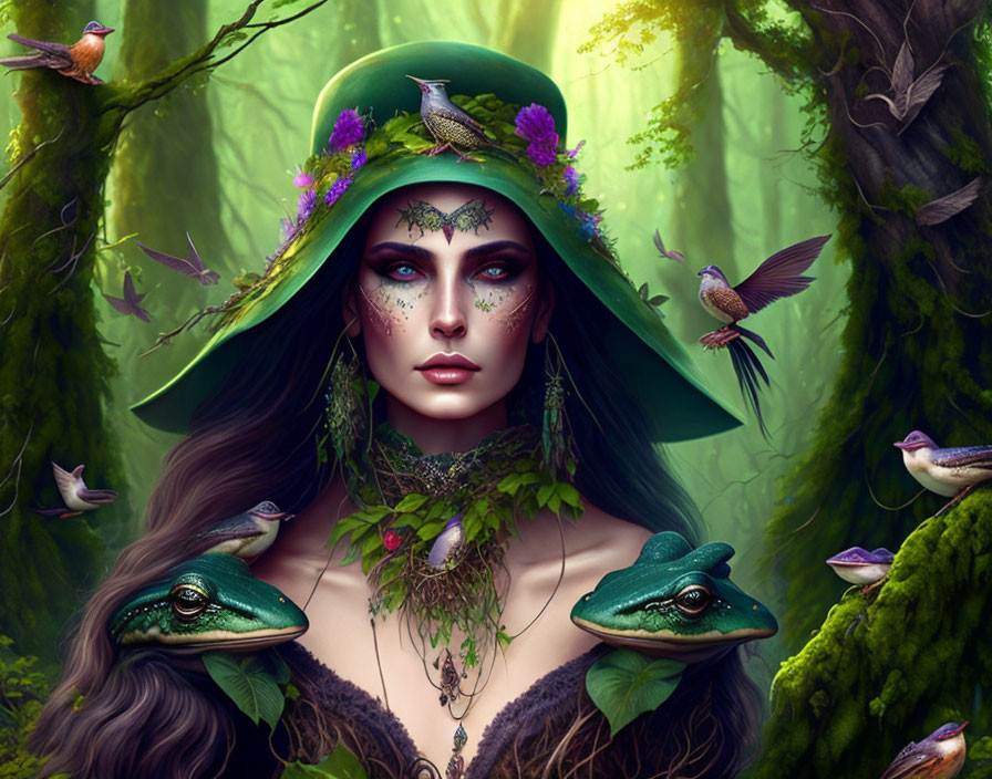 Enchanted forest woman with foliage, flowers, green hat, frogs, and birds