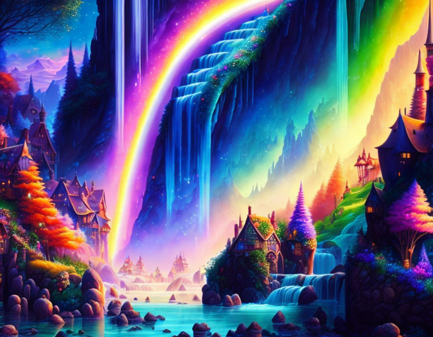 Colorful Fantasy Landscape with Rainbow Waterfall & Whimsical Architecture