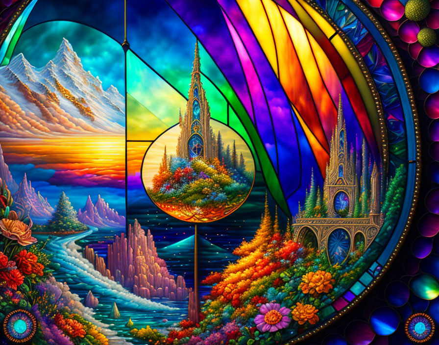 Colorful Fantasy Landscape with Stained Glass Window Effect