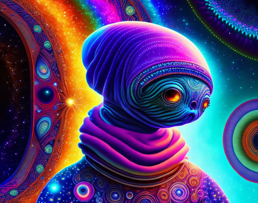 Colorful alien creature with intricate patterns in cosmic setting.