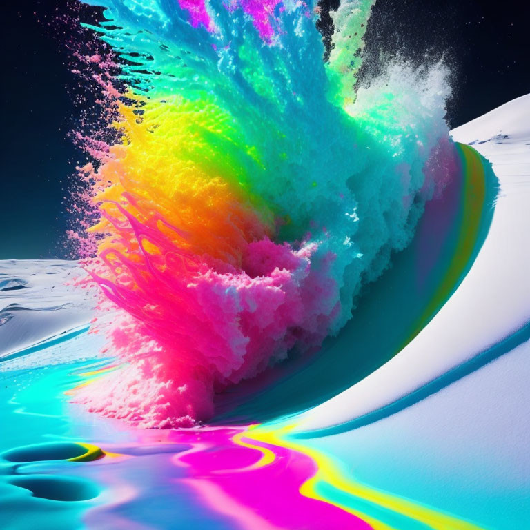 Colorful Neon Wave Crashing on Snowy Shore