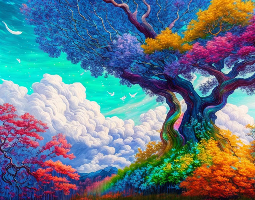 Colorful Landscape with Whimsical Tree and Teal Sky