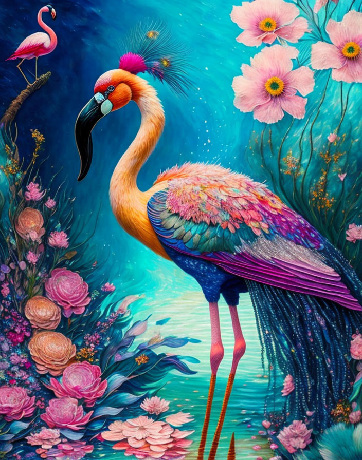 Colorful digital artwork: flamboyant flamingo in magical garden