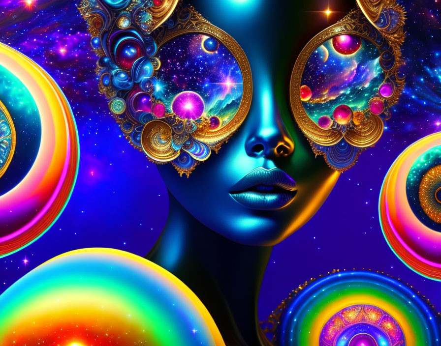 Vibrant surreal portrait of a woman with cosmic elements