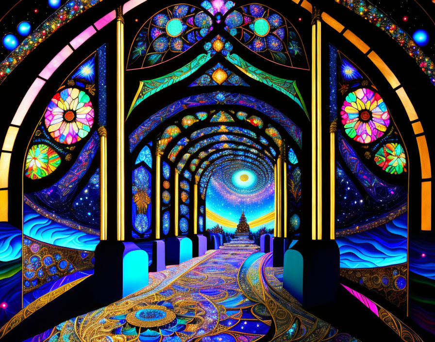 Colorful psychedelic digital art: Cathedral interior with stained glass and cosmic pathway.