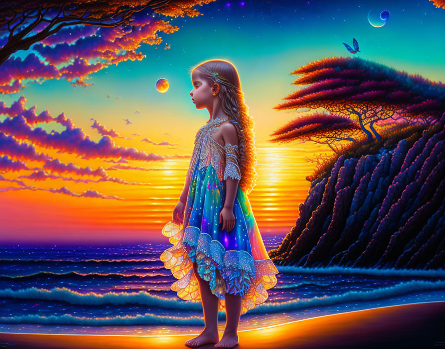 Girl in vibrant dress on beach at sunset with bubble, colorful sky, whimsical trees