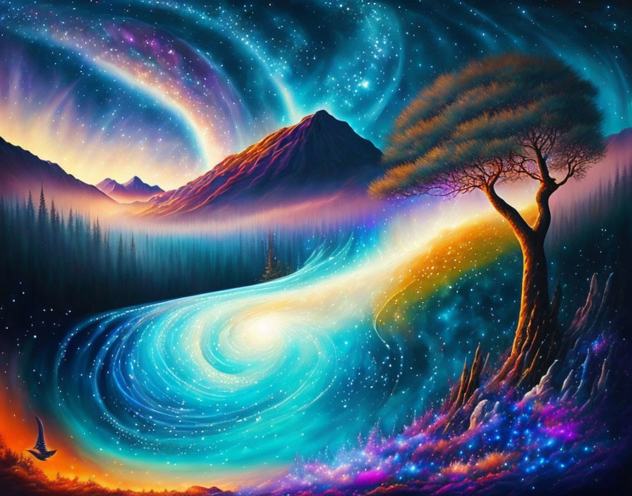 Colorful cosmic landscape with swirling galaxies, mountains, tree, bird, and illuminated pathway