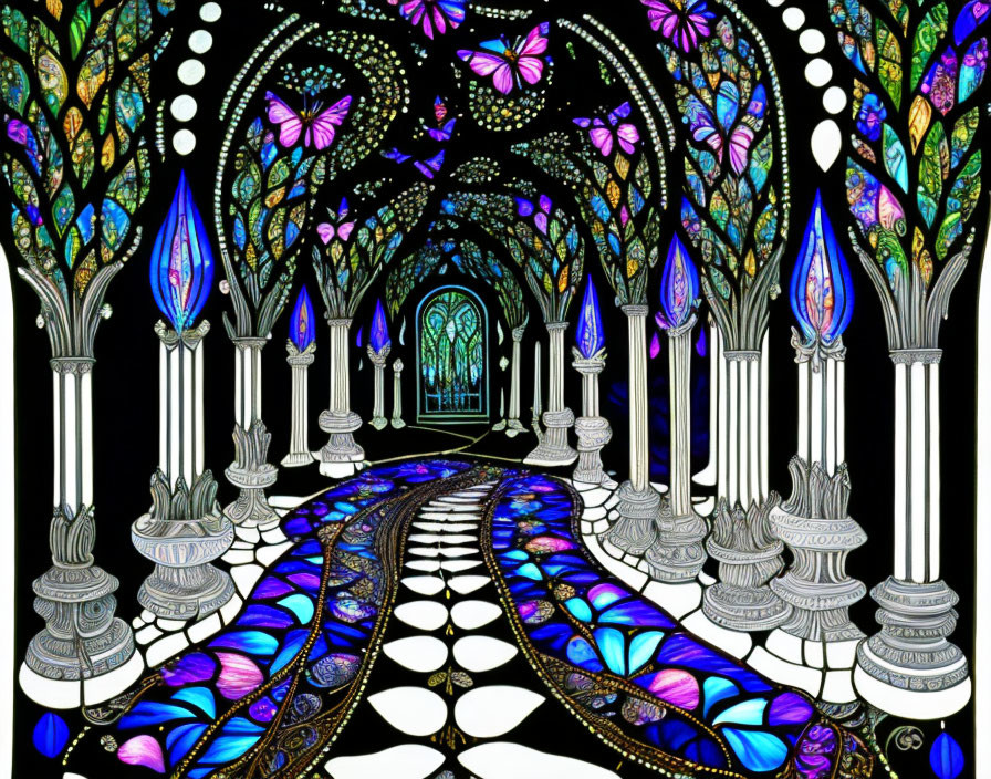 Colorful Stained-Glass Style Illustration of Fantastical Hallway