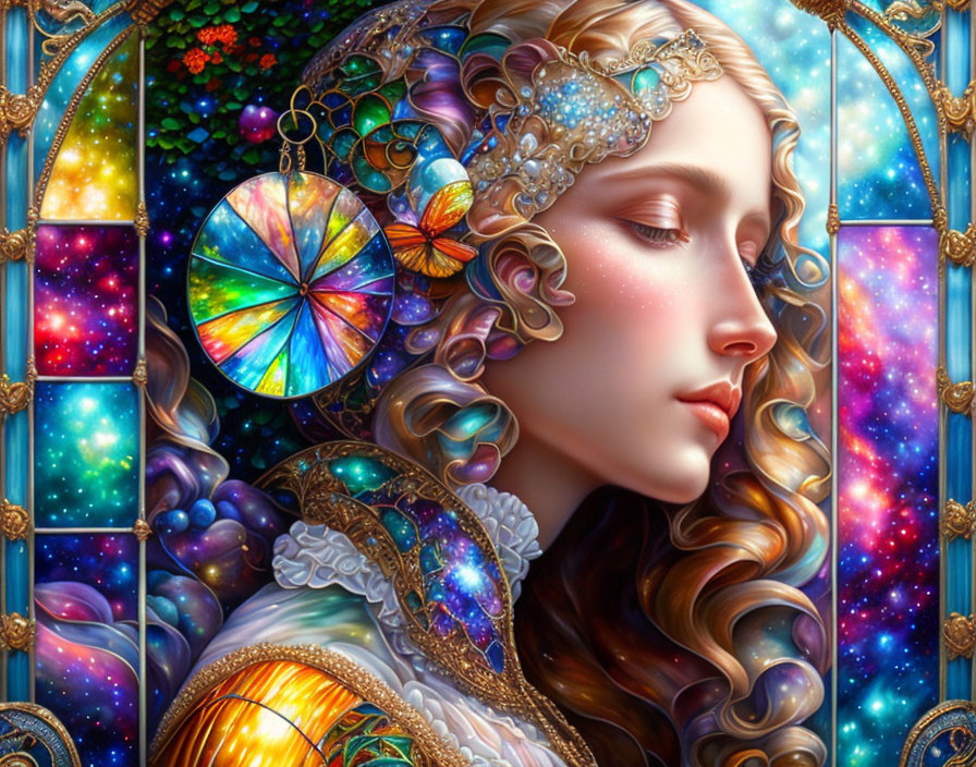 Detailed cosmic-themed woman illustration with vibrant colors and ornate jewelry.