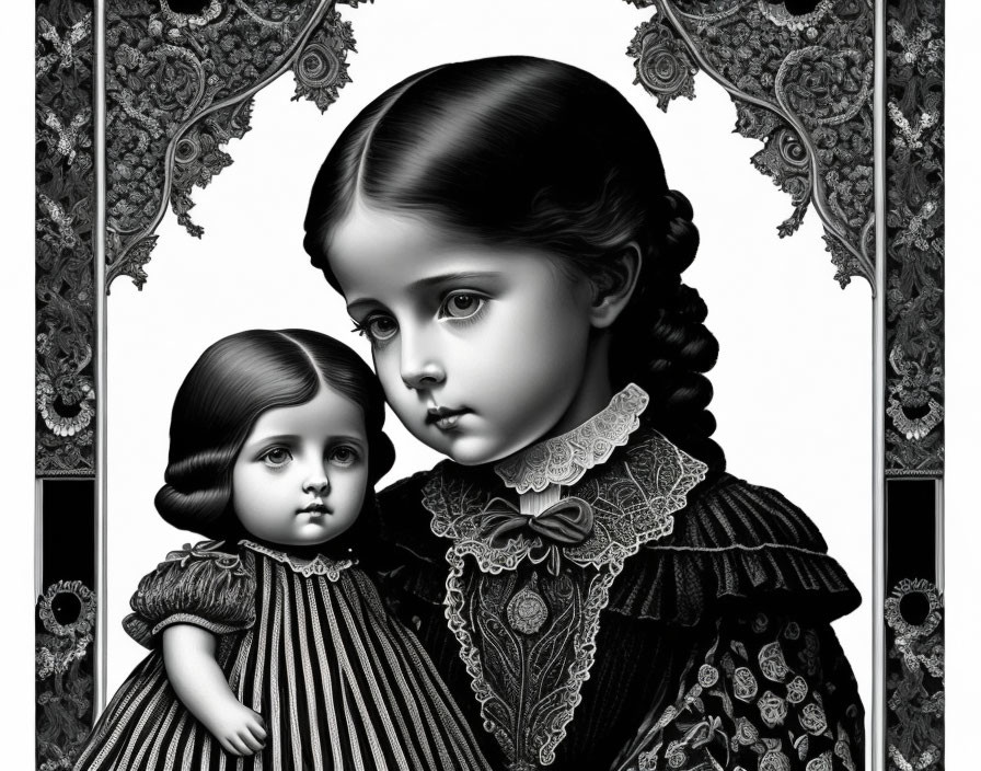 Young girl and doll with dark hair in vintage dresses against patterned backdrop.