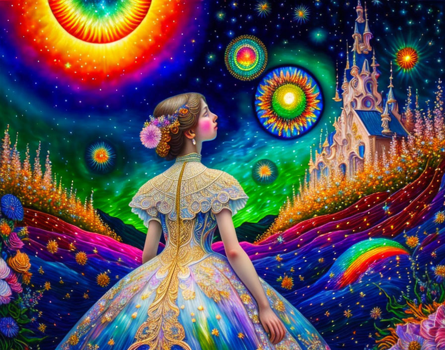 Colorful Artwork: Woman in Gown gazing at Starry Sky, Castle, and Rainbow