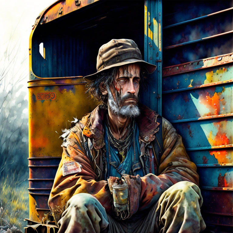 Bearded man in layered clothing sits by rusty bus, looking contemplative