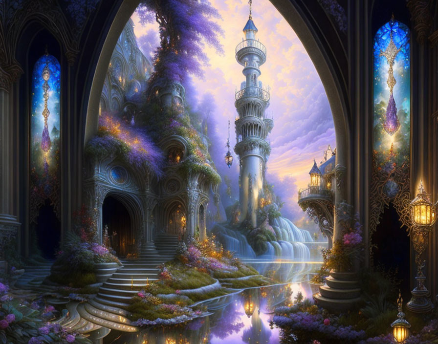 Enchanted castle at twilight with waterfall and radiant flowers