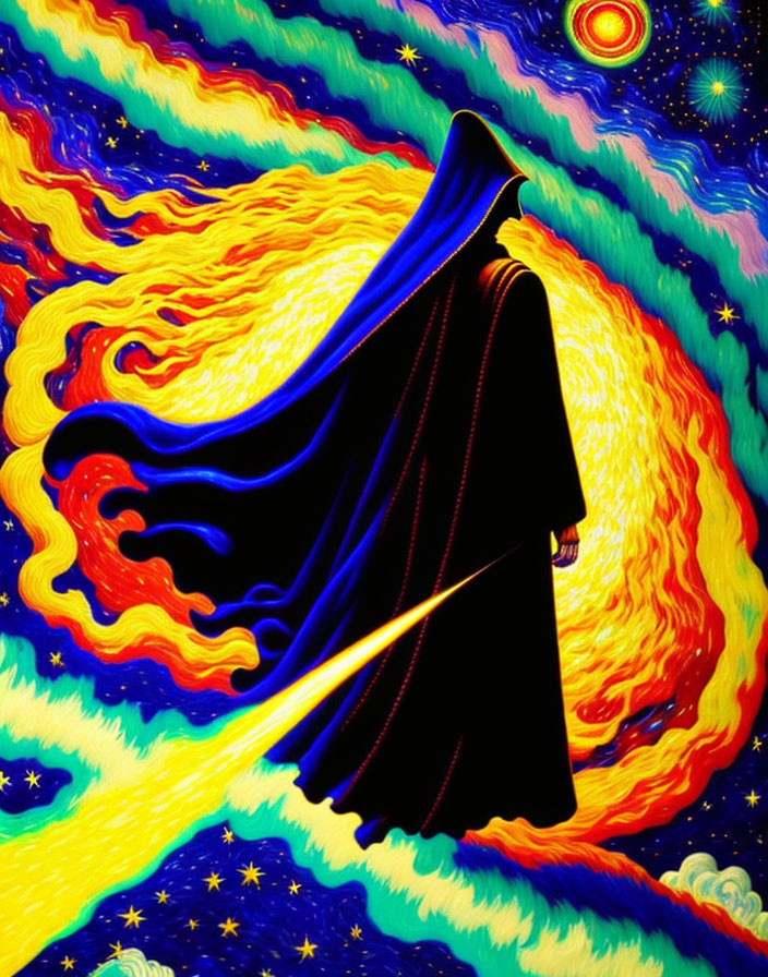 Colorful Psychedelic Cloaked Figure with Galactic Background